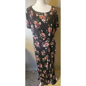Maurices 24/7 Floral Twist Front Maxi Dress Black XL Short Sleeve Side Slit